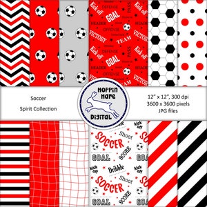 Fussball Digital Paper Pack - Fußball Scrapbooking Papiere - Nahtlose Muster - Rot Schwarz Weiß