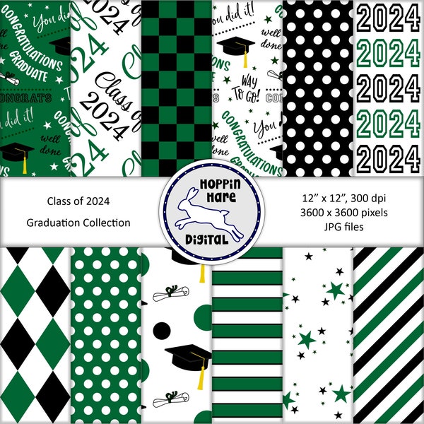 Graduation Digital Paper Pack - Scrapbooking Papers - Class of 2024 - Seamless Pattern - Green White Black