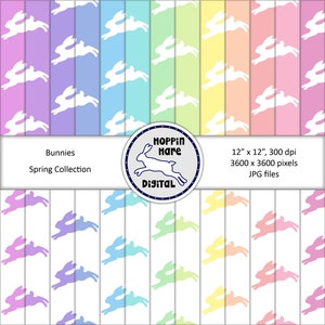 Bunnies Digital Paper Pack - Papiers Scrapbooking - Rainbow Pastel Rose Violet Bleu Vert - Lapins Motif sans couture