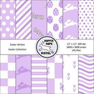 Easter Digital Paper Pack - Scrapbooking Papers - Pastel Purples Lavande Blanc - Bunnies Rayures Oeufs Lapins Motif sans couture