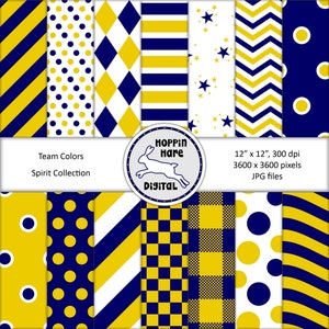 Team Spirit Digital Paper Pack - School Colors Scrapbooking Papers - Seamless Pattern - Blue Gold Yellow