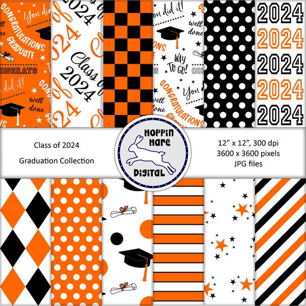 Graduation Digital Paper Pack - Scrapbooking Papers - Class of 2024 - Seamless Pattern - Orange White Black