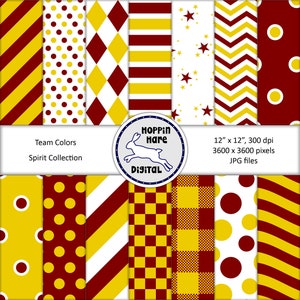 May include: A set of 12 digital papers featuring a variety of patterns in maroon and gold. The patterns include stripes, polka dots, diamonds, stars, and chevrons. The papers are 12 inches by 12 inches and 300 dpi. The text "Team Colors Spirit Collection" and "Hoppin Hare Digital" is included in the image.