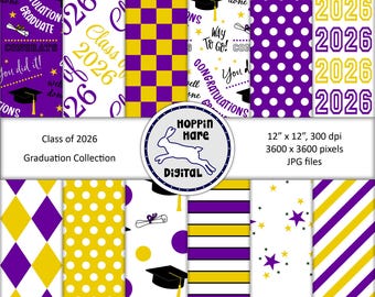 Graduation Digital Paper Pack - Scrapbooking Papers - Class of 2026 - Seamless Pattern - Purple Gold Yellow