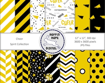 Cheer Digital Paper Pack - Cheerleading Scrapbooking Papers - Seamless Patterns - Gold Yellow Black