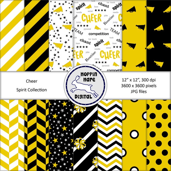 Cheer Digital Paper Pack - Cheerleading Scrapbooking Papers - Seamless Patterns - Gold Yellow Black