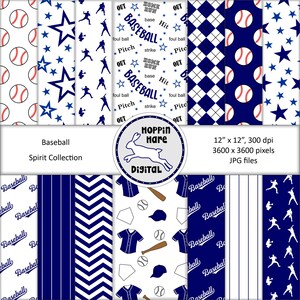 May include: A set of 12 digital papers featuring baseball-themed patterns in blue and white. The patterns include baseballs, stars, stripes, and a chevron design. The papers are 12 inches by 12 inches and 300 dpi.