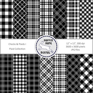 Pacote de papel digital xadrez - Verifica Gingham Tartan Seamless Pattern Papers Backgrounds - Preto Branco