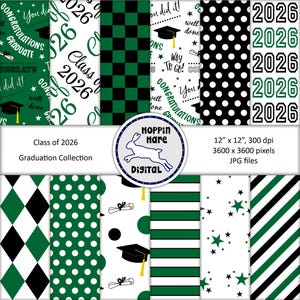 Graduation Digital Paper Pack - Scrapbooking Papers - Class of 2026 - Seamless Pattern - Green White Black