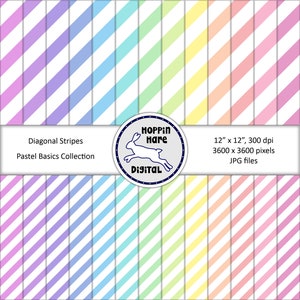 Könnte beinhalten: Ein Set mit 10 digitalen Papiermustern mit diagonalen Streifen in Pastellfarben. Die Farben umfassen Rosa, Lila, Blau, Grün und Gelb. Die Muster sind 30,48 cm x 30,48 cm groß und haben eine Auflösung von 300 dpi. Der Text "HOPPIN Hare DIGITAL" befindet sich in einem Kreis in der Mitte des Bildes.