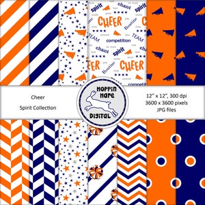Könnte beinhalten: Ein Set mit 8 digitalen Papieren mit Cheerleading-Motiven. Die Papiere beinhalten orange und marineblaue Streifen, Sterne, Pompons und Chevron-Muster. Die Papiere sind 30,5 cm x 30,5 cm groß und haben eine Auflösung von 300 dpi.