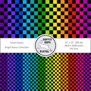 Digital Paper Pack - Small Checks - Checkers Squares Grid - Seamless Pattern Papers - Rainbow Colors Bright