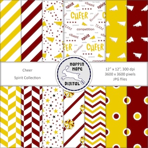 May include: A set of 12 digital papers in a cheerleading theme. The papers feature a variety of patterns, including stripes, stars, pom-poms, and megaphones. The colours are yellow, red, and white. The papers are 30.5 cm by 30.5 cm and 300 dpi.