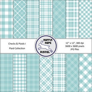 Pacote de papel digital xadrez - Verifica Gingham Tartan Seamless Pattern Papers Backgrounds - Azul Verde Branco