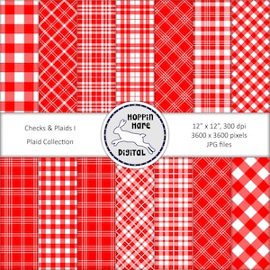 May include: A set of 12 digital paper patterns featuring red and white plaid and gingham designs. The papers are 30.5 cm by 30.5 cm and 300 dpi. The text "Checks & Plaids I Plaid Collection" and "HOPPIN Hare DIGITAL" is included in the image.