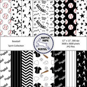 May include: A set of 10 digital papers featuring baseball-themed patterns in black and white. The patterns include baseballs, bats, stars, jerseys, and text that says "Baseball".