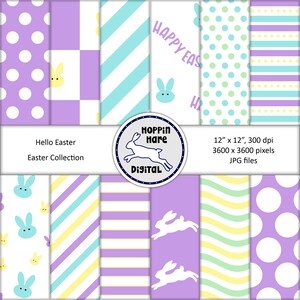 Easter Digital Paper Pack - Papiers Scrapbooking - Pastel Violet Bleu Vert Jaune - Bunnies Rayures Motifs sans couture
