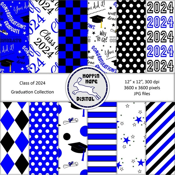 Graduation Digital Paper Pack - Scrapbooking Papers - Class of 2024 - Seamless Pattern - Royal Blue White
