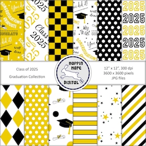 Graduation Digital Paper Pack - Scrapbooking Papers - Class of 2025 - Seamless Pattern - Gold Black Yellow