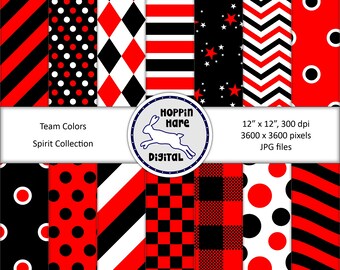 School Spirit Digital Paper Pack - Team Colors Scrapbooking Papers - Seamless Pattern - Red Black