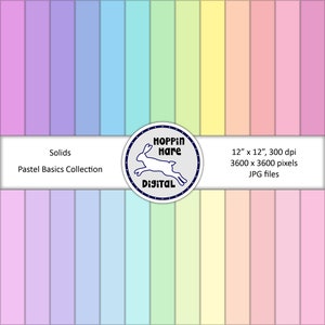 Op de afbeelding: Een digitaal papierpakket met 12 effen pastelkleuren. De kleuren zijn gerangschikt in een regenboogpatroon. Het papierpakket is 12 inch bij 12 inch en 300 dpi. Het papierpakket heet "Pastel Basics Collection" en is van "Hoppin Hare Digital".