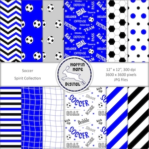 Soccer Digital Paper Pack - Soccer Scrapbooking Papers - Seamless Patterns - Blue White