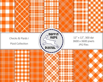 Plaid Digital Paper Pack - Checks Gingham Tartan Seamless Pattern Papers Backgrounds - Orange White