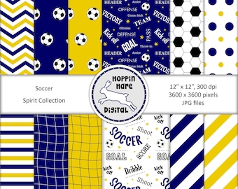 Soccer Digital Paper Pack - Soccer Scrapbooking Papers - Seamless Patterns - Blue Gold Yellow