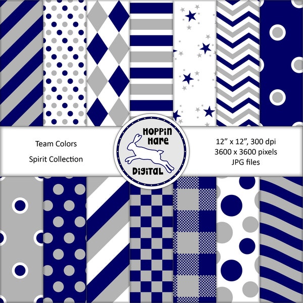 School Spirit Digital Paper Pack - Team Colors Scrapbooking Papers - Seamless Pattern - Blue Silver Gray