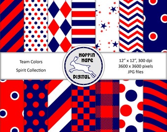 Team Spirit Digital Paper Pack - School Colors Scrapbooking Papers - Seamless Pattern - Blue Red