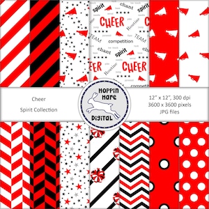 Cheer Digital Paper Pack - Cheerleading Scrapbooking Papiere - Nahtlose Muster - Rot Weiß Schwarz