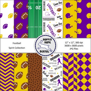 Paquete de papel digital de fútbol - Papeles para scrapbooking - Patrones sin costuras - Morado, dorado y amarillo