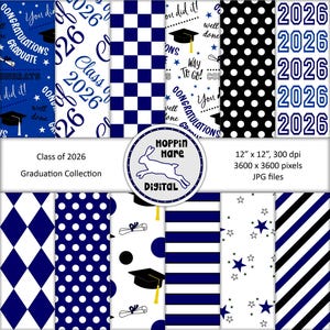 Graduation Digital Paper Pack - Scrapbooking Papers - Class of 2026 - Seamless Pattern - Navy Blue White