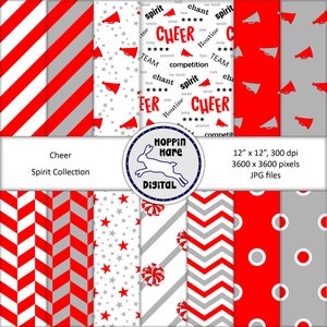May include: A set of 8 digital papers featuring cheerleading themes. The papers include red and grey stripes, red and grey chevron patterns, red and grey polka dots, and a white background with red stars and grey megaphones. The papers are 30.5 cm by 30.5 cm and 300 dpi.