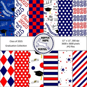 Paquete de papeles digitales de graduación - Papeles para scrapbooking - Clase de 2025 - Patrón sin costuras - Rojo y azul