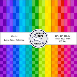 May include: A set of 12 digital paper patterns featuring a checkered design in a variety of bright colors. The papers are 12 inches by 12 inches and 300 dpi. The text "Checks Bright Basics Collection" and "Hoppin Hare Digital" is included in the image.