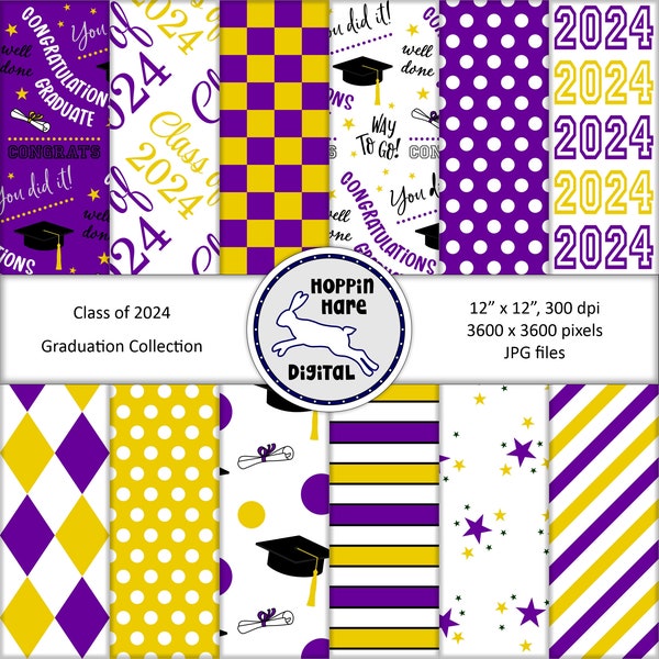 Graduation Digital Paper Pack - Scrapbooking Papers - Class of 2024 - Seamless Pattern - Purple Gold Yellow