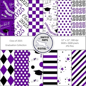 Graduation Digital Paper Pack - Scrapbooking Papers - Class of 2025 - Nahtloses Muster - Lila Schwarz Weiß