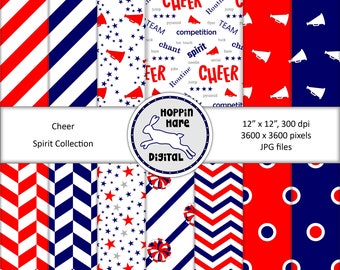 Cheer Digital Paper Pack - Cheerleading Scrapbooking Papers - Seamless Patterns - Blue Red