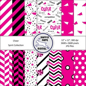 Cheer Digital Paper Pack - Cheerleading Scrapbooking Papers - Seamless Patterns - Pink Black White