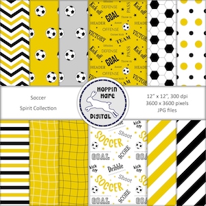 Soccer Digital Paper Pack - Papeles de Scrapbooking de Fútbol - Patrones sin costuras - Oro Amarillo Negro Blanco