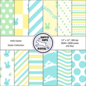 Easter Digital Paper Pack - Scrapbooking Papers - Pastel Blue Green Yellow - Bunnies Stripes Seamless Patterns