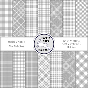 Plaid Digital Paper Pack - Checks Gingham Tartan Seamless Pattern Papers Backgrounds - Gray White