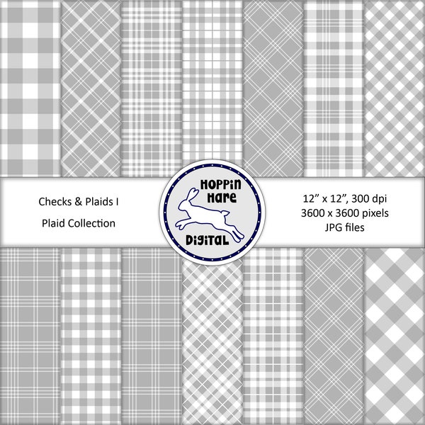 Plaid Digital Paper Pack - Checks Gingham Tartan Seamless Pattern Papers Backgrounds - Gray White