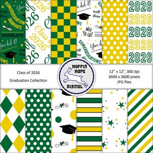 Graduation Digital Paper Pack - Scrapbooking Papers - Class of 2026 - Seamless Pattern - Green Gold Yellow
