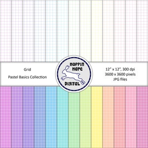 Puede incluir: Un conjunto de 10 fondos de papel digital con un patrón de cuadrícula en colores pastel. Los colores incluyen lavanda, azul claro, aguamarina, verde claro, amarillo, naranja claro, melocotón y rosa. Los papeles miden 30,5 cm por 30,5 cm y 300 dpi. El texto "Grid Pastel Basics Collection" y "HOPPIN Hare DIGITAL" está incluido en la imagen.