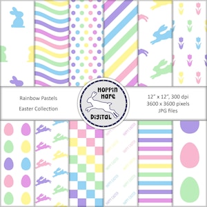 Easter Digital Paper Pack - Scrapbooking Papers - Rainbow Pastel Rose Violet Blanc - Bunnies Rayures Oeufs Lapins Motif sans couture