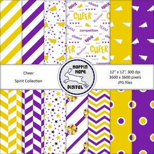 Cheer Digital Paper Pack - Cheerleading Scrapbooking Papers - Seamless Patterns - Purple Gold Yellow