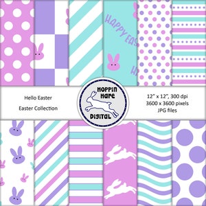 Easter Digital Paper Pack - Scrapbooking Papers - Pastel Blue Pink Purple - Bunnies Stripes Seamless Patterns