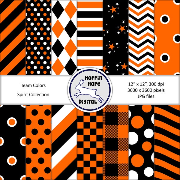 School Spirit Digital Paper Pack - Team Colors Scrapbooking Papers - Seamless Pattern - Orange Black